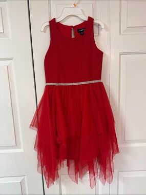 Amy Byer Red Layered Tulle Holiday Dress with Sparkle Waistband